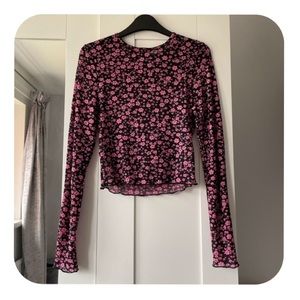 H&M Black Mesh Top with Pink Floral Design